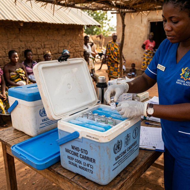 WHO-standard vaccine cold boxes with ice packs used in rural healthcare outreach