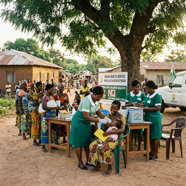 Community health nurses conducting a mobile vaccination outreach in a rural Ghanaian village